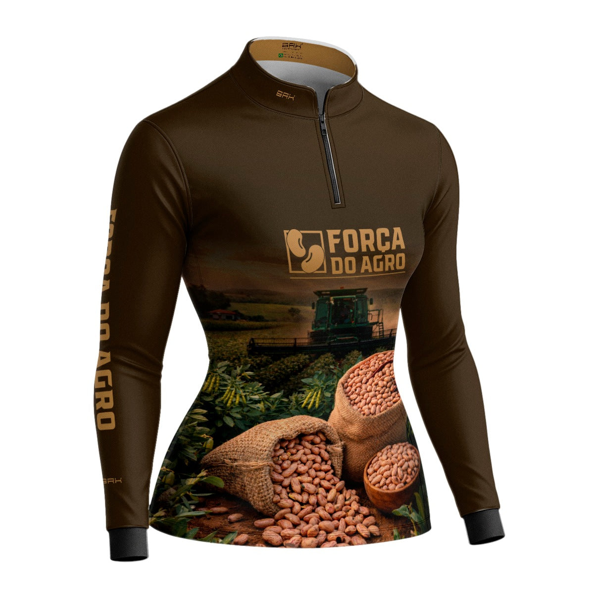 Camisa Agro Feminina BRK Força do Agro Colheita de Feijão com Proteção UV50+ Marrom - Brk Agro