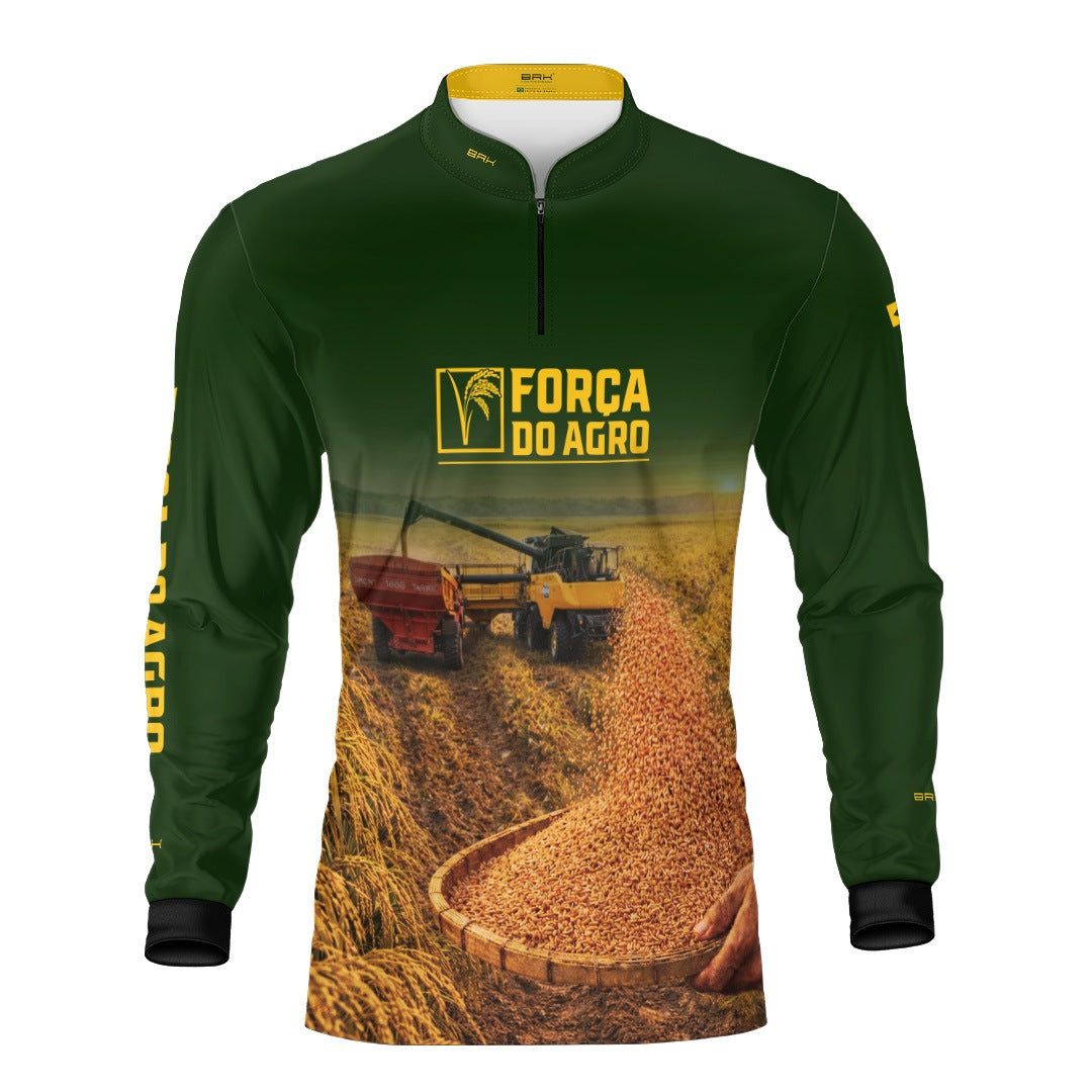 Camisa Agro BRK Força do Agro Colheita de Arroz com Proteção UV50+ Verde - Brk Agro
