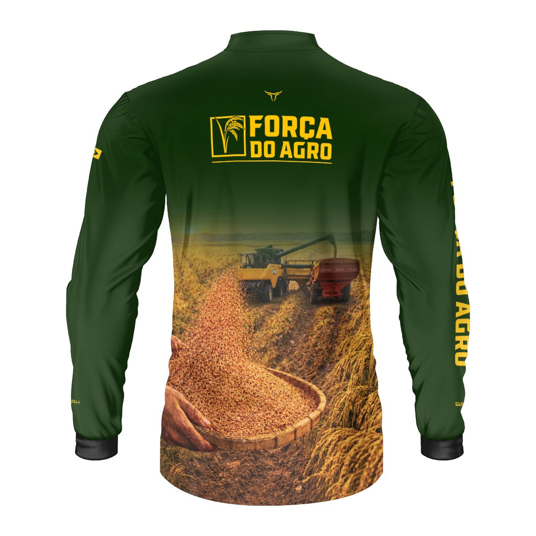 Camisa Agro BRK Força do Agro Colheita de Arroz com Proteção UV50+ Verde - Brk Agro