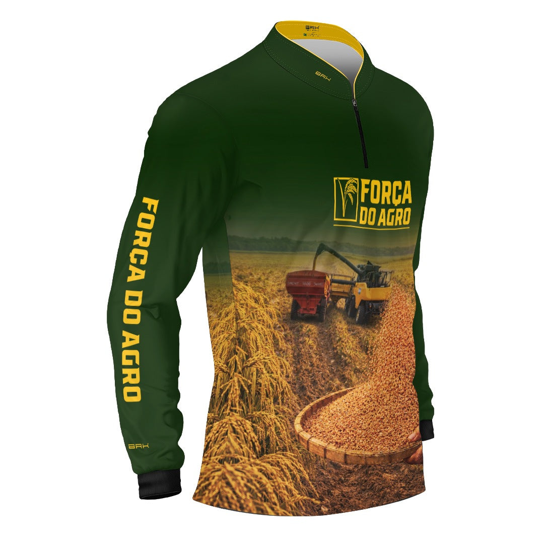 Camisa Agro BRK Força do Agro Colheita de Arroz com Proteção UV50+ Verde - Brk Agro