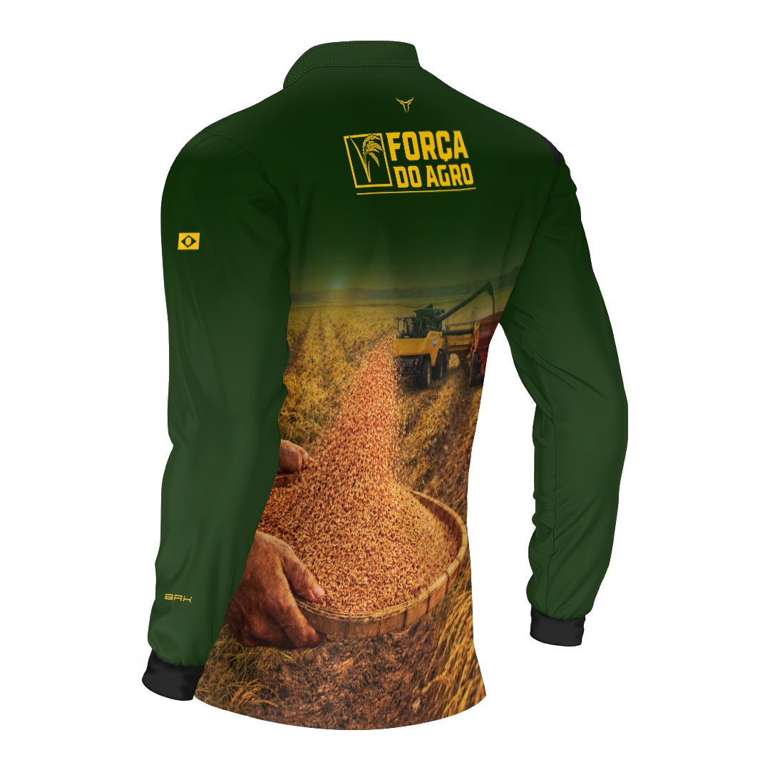 Camisa Agro BRK Força do Agro Colheita de Arroz com Proteção UV50+ Verde - Brk Agro