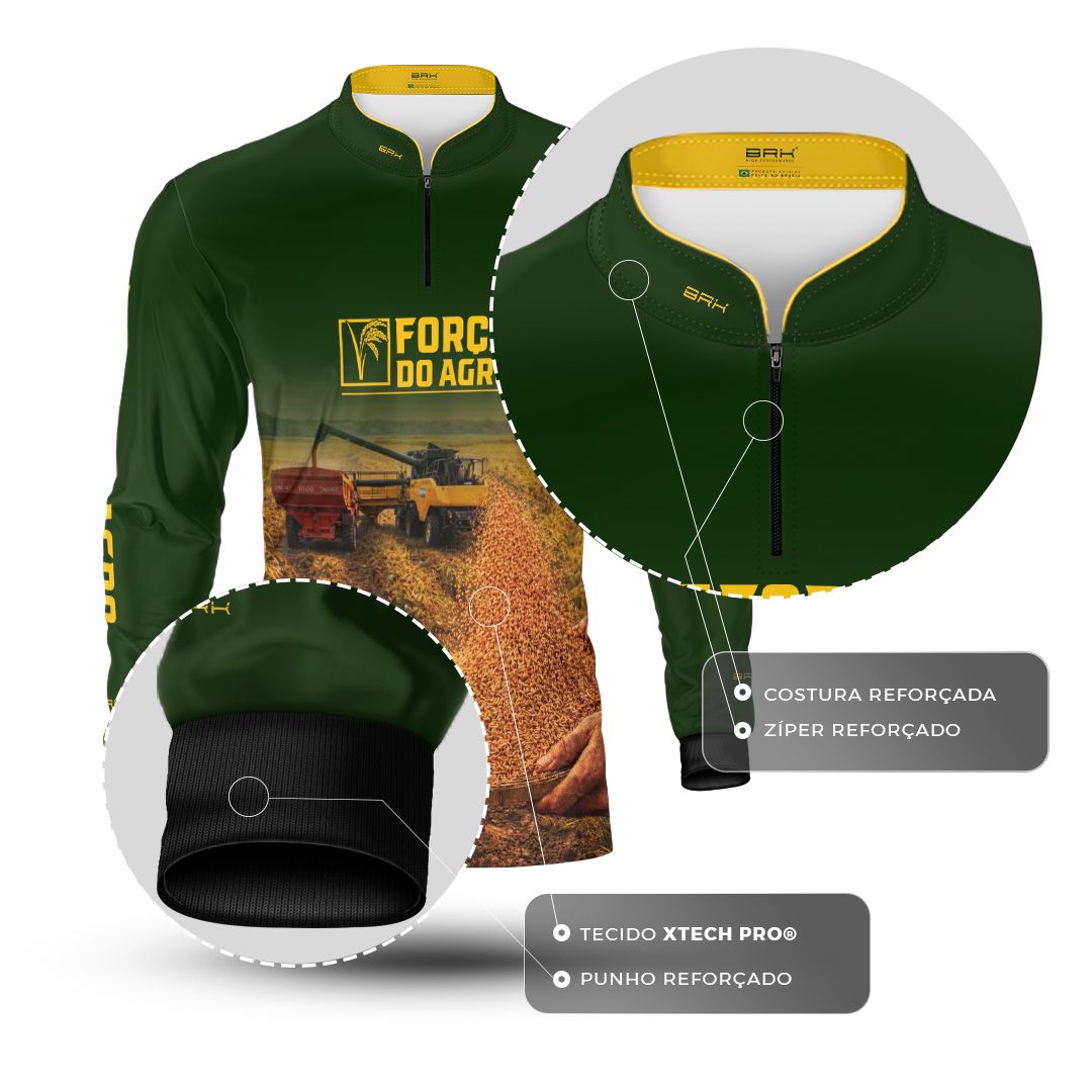 Camisa Agro BRK Força do Agro Colheita de Arroz com Proteção UV50+ Verde - Brk Agro