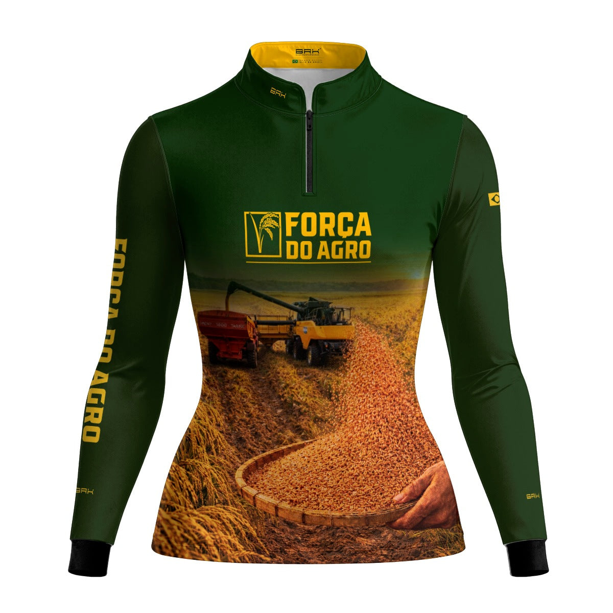 Camisa Agro BRK Feminina Força do Agro Colheita de Arroz com Proteção UV50+ Verde - Brk Agro