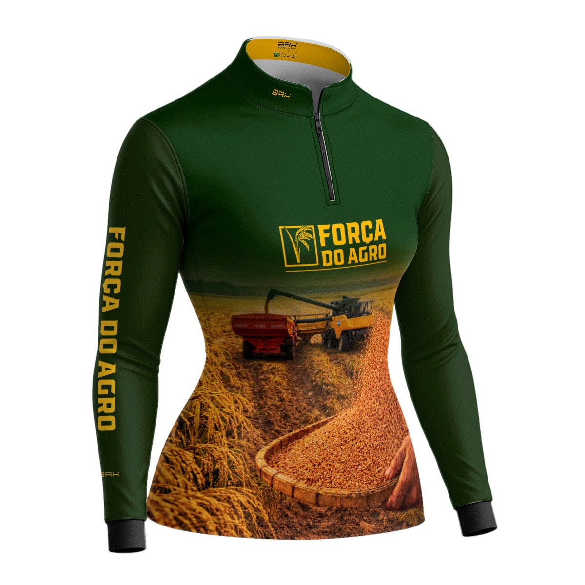 Camisa Agro BRK Feminina Força do Agro Colheita de Arroz com Proteção UV50+ Verde - Brk Agro