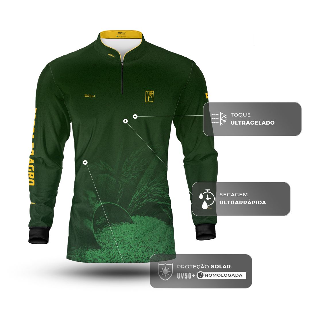 Camisa Agro BRK Força do Agro Arroz Sombreado com Proteção UV50+ Verde Bandeira - Brk Agro
