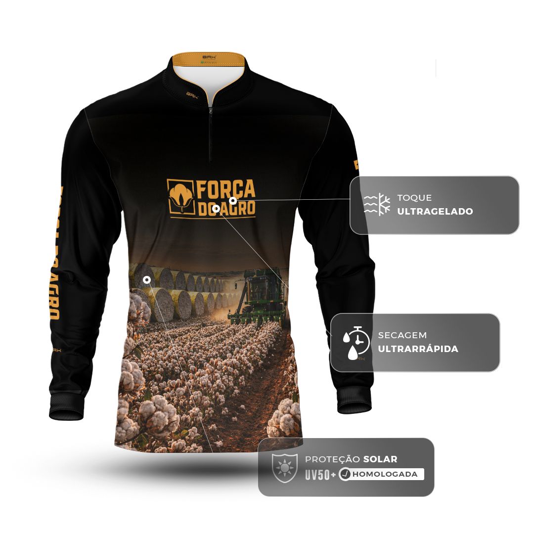 Camisa Agro BRK Força do Agro Colheita de Algodão com Proteção UV50+ Preta - Brk Agro