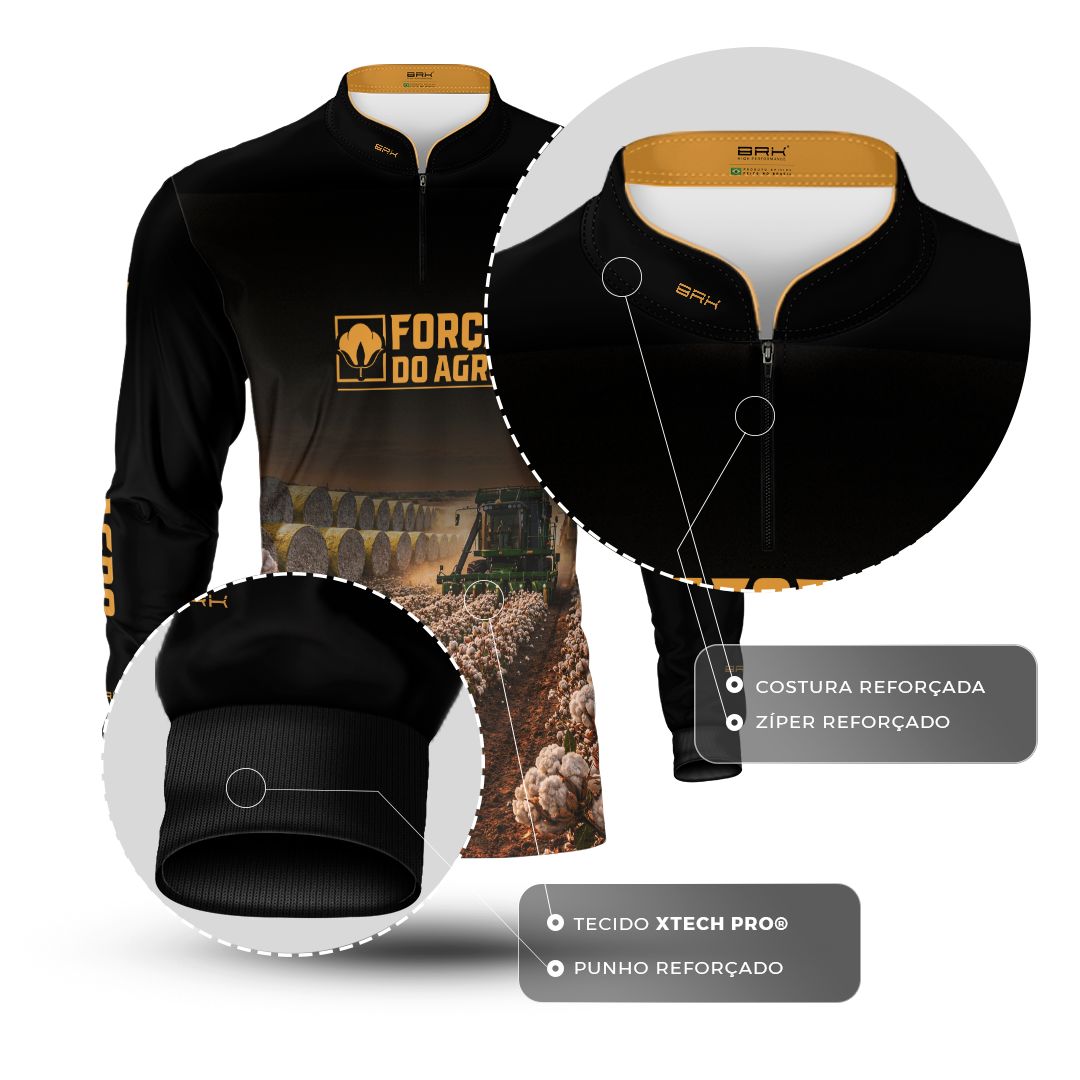 Camisa Agro BRK Força do Agro Colheita de Algodão com Proteção UV50+ Preta - Brk Agro