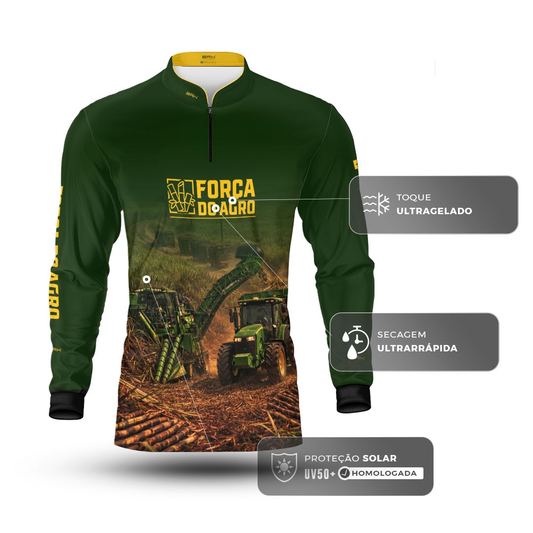 Camisa Agro BRK Força do Agro Colheita de Cana-de-Açúcar com Proteção UV50+ Verde - Brk Agro