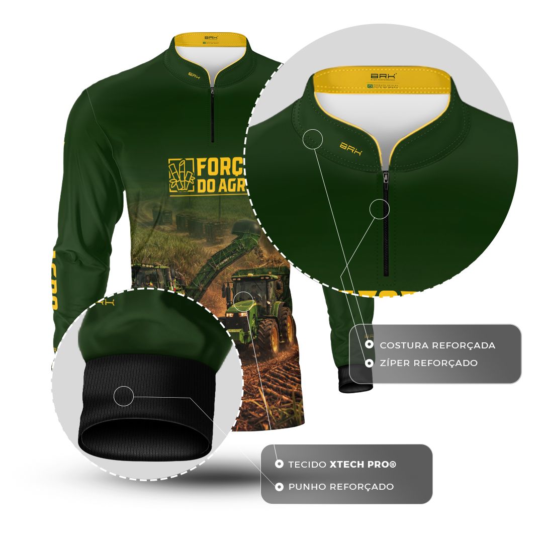 Camisa Agro BRK Força do Agro Colheita de Cana-de-Açúcar com Proteção UV50+ Verde - Brk Agro