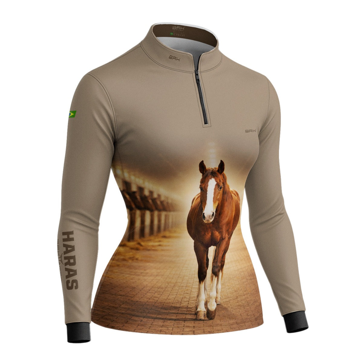 Camisa Agro Feminina BRK Cavalo Haras com Proteção Solar UV50+ Bege