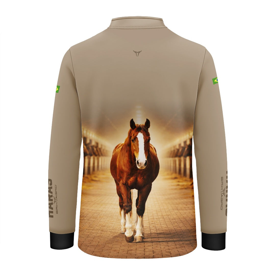 Camisa Agro Infantil BRK Cavalo Haras com Proteção Solar UV50+ Bege