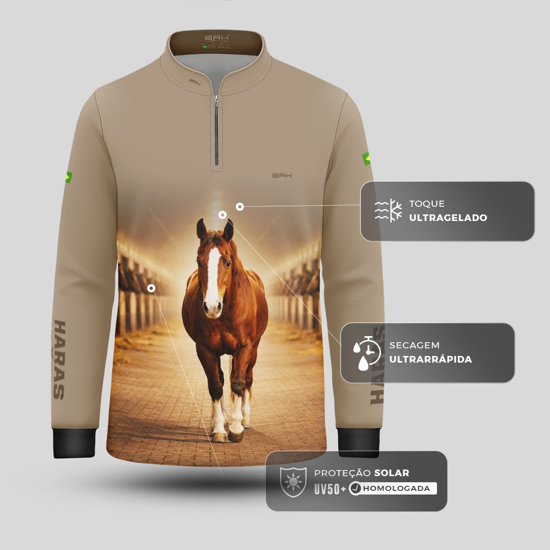 Camisa Agro Infantil BRK Cavalo Haras com Proteção Solar UV50+ Bege