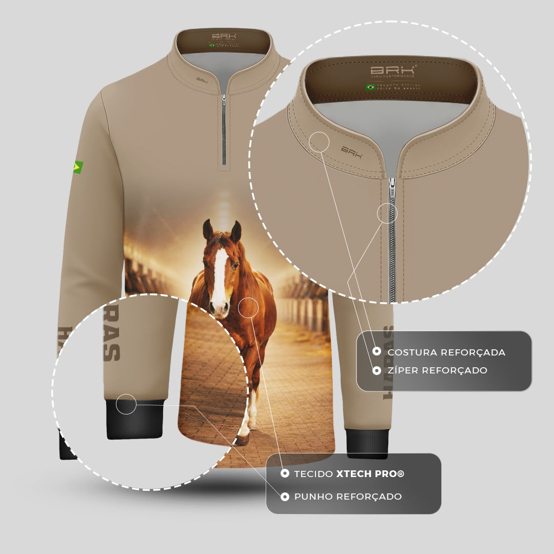 Camisa Agro Infantil BRK Cavalo Haras com Proteção Solar UV50+ Bege