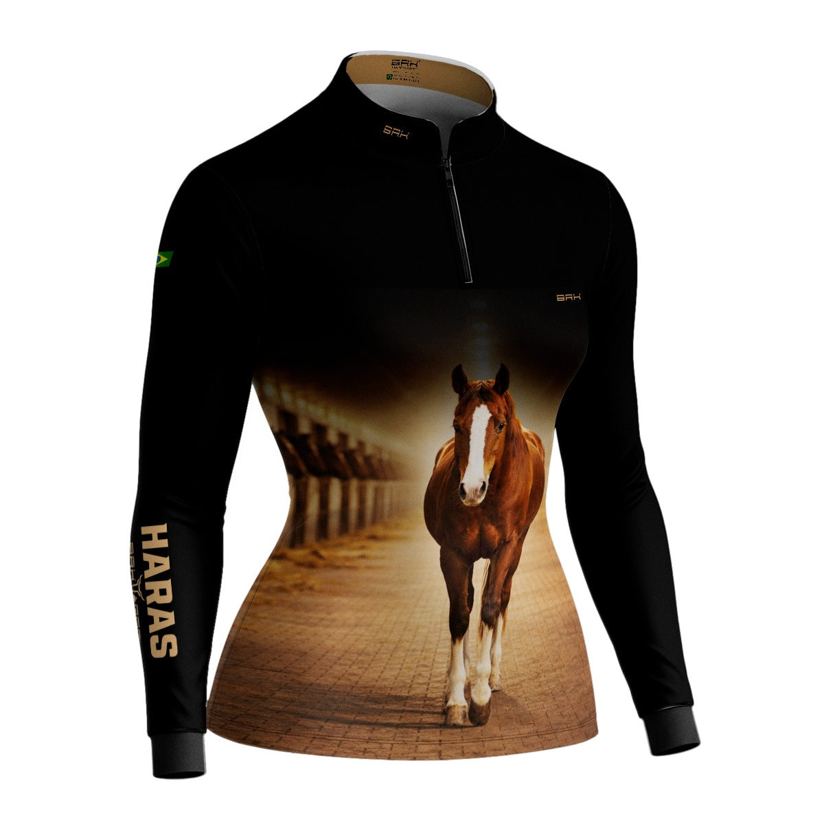 Camisa Agro Feminina BRK Cavalo Haras com Proteção Solar UV50+ Preta