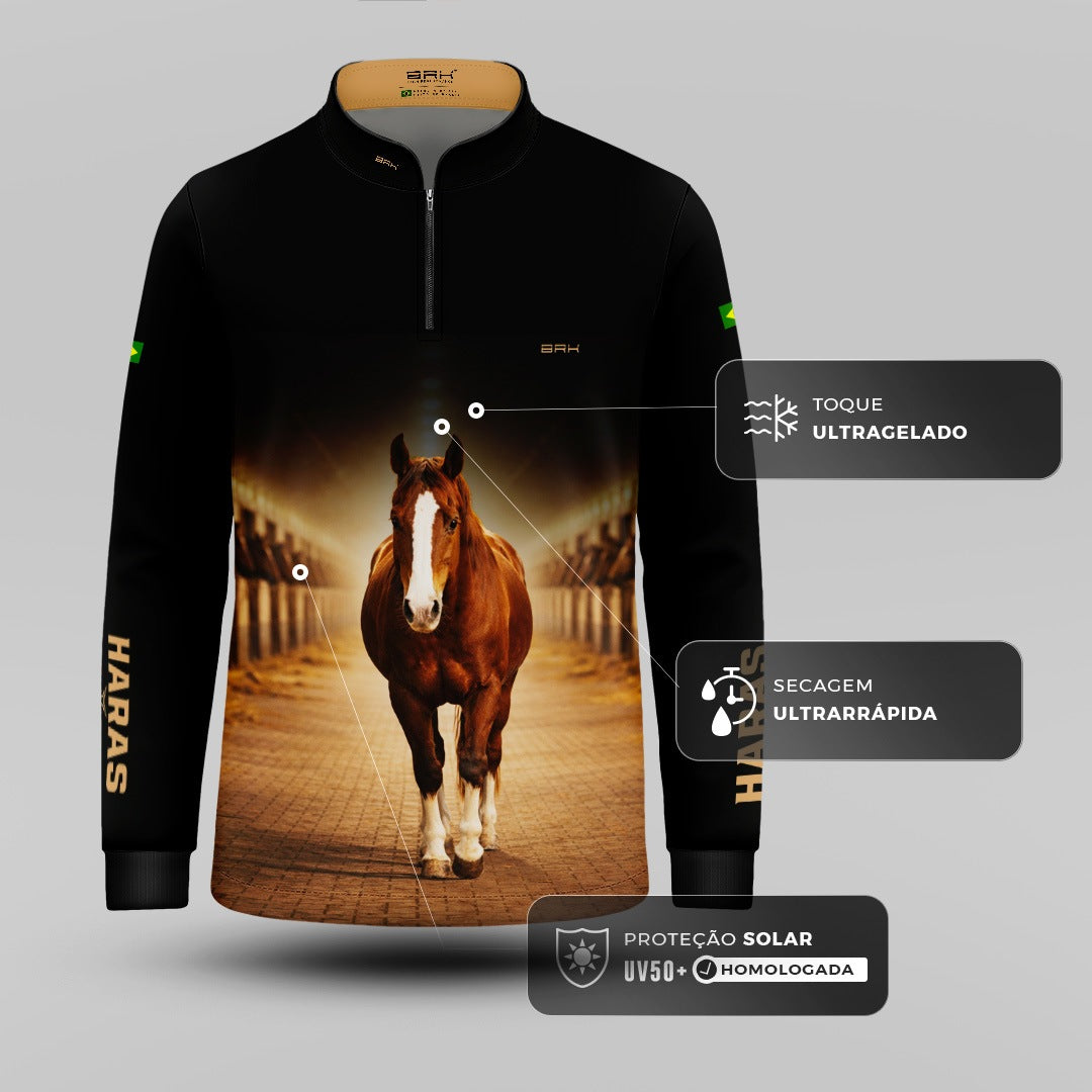 Camisa Agro Infantil BRK Cavalo Haras com Proteção Solar UV50+ Preta