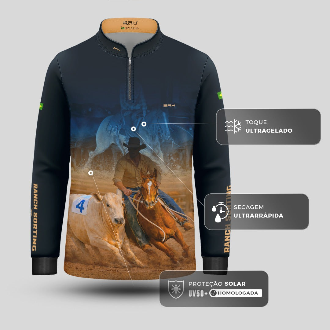 Camisa Agro Infantil BRK Cowboy com Proteção Solar UV50+ Azul Marinho