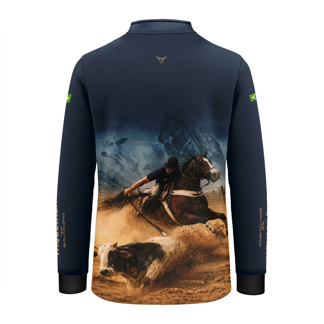 Camisa Agro Infantil BRK Vaquejada Cowboy com Proteção Solar UV50+ Azul Marinho