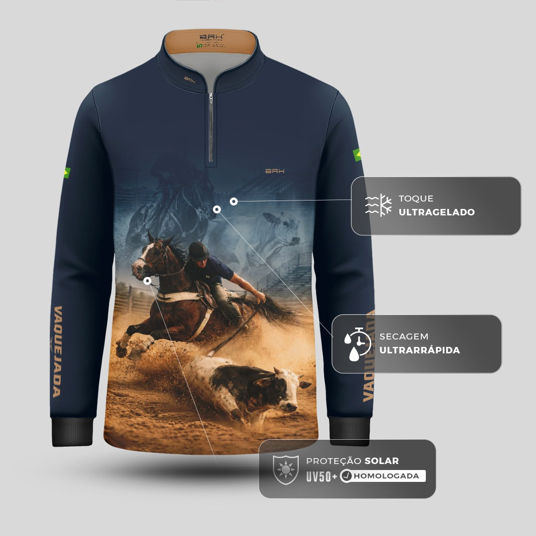 Camisa Agro Infantil BRK Vaquejada Cowboy com Proteção Solar UV50+ Azul Marinho