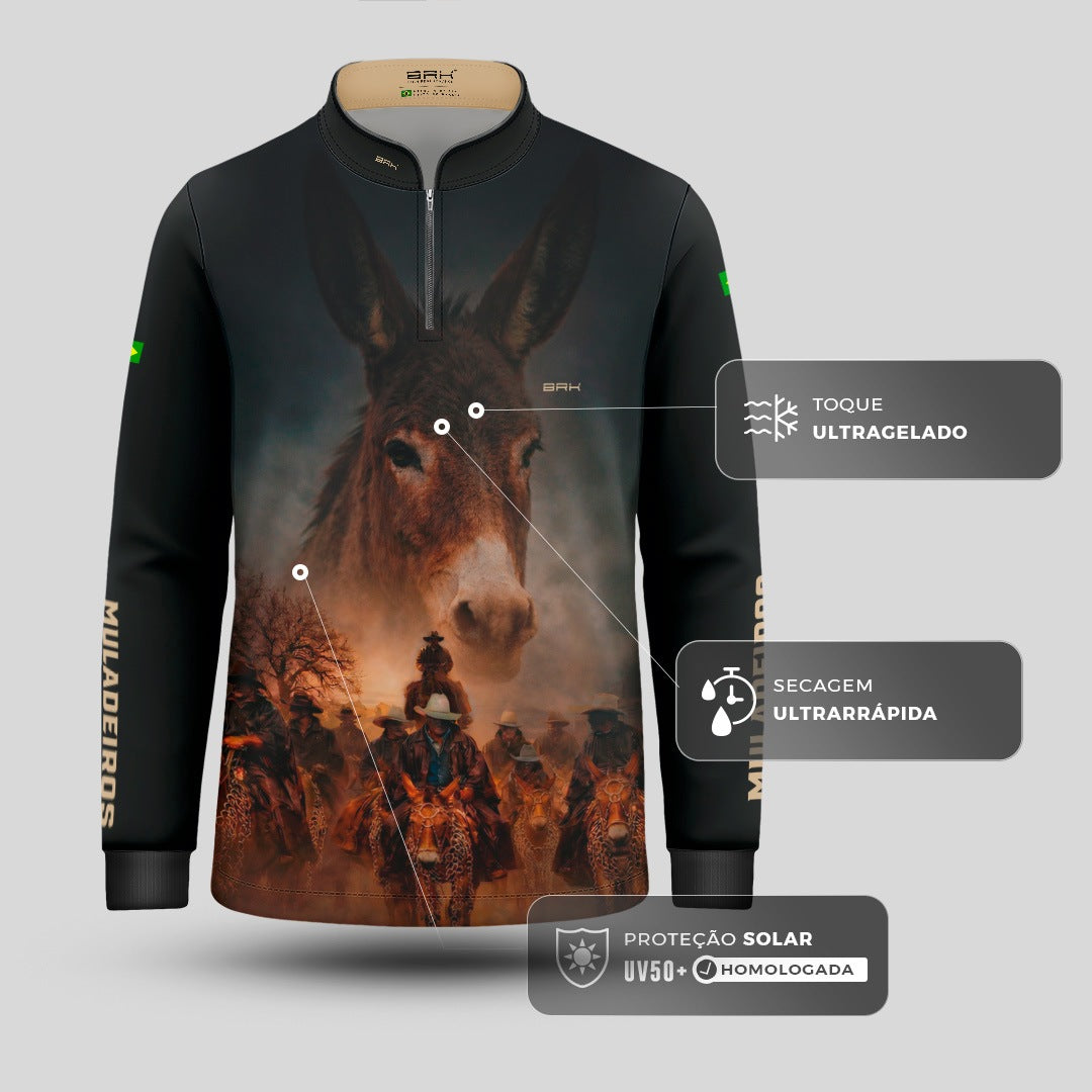Camisa Agro Infantil BRK Muladeiros Mula com Proteção Solar UV50+ Azul Marinho