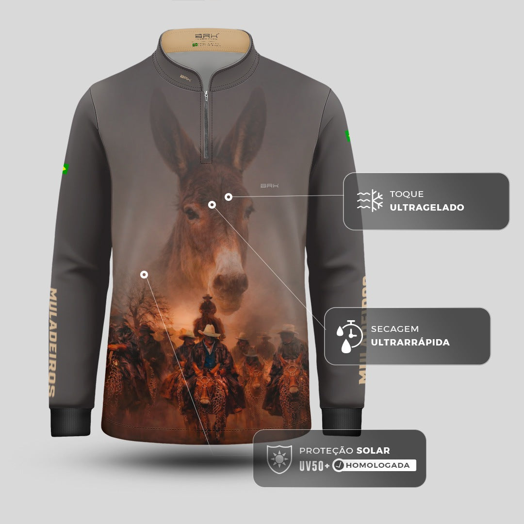 Camisa Agro Infantil BRK Muladeiros Mula com Proteção Solar UV50+ Cinza