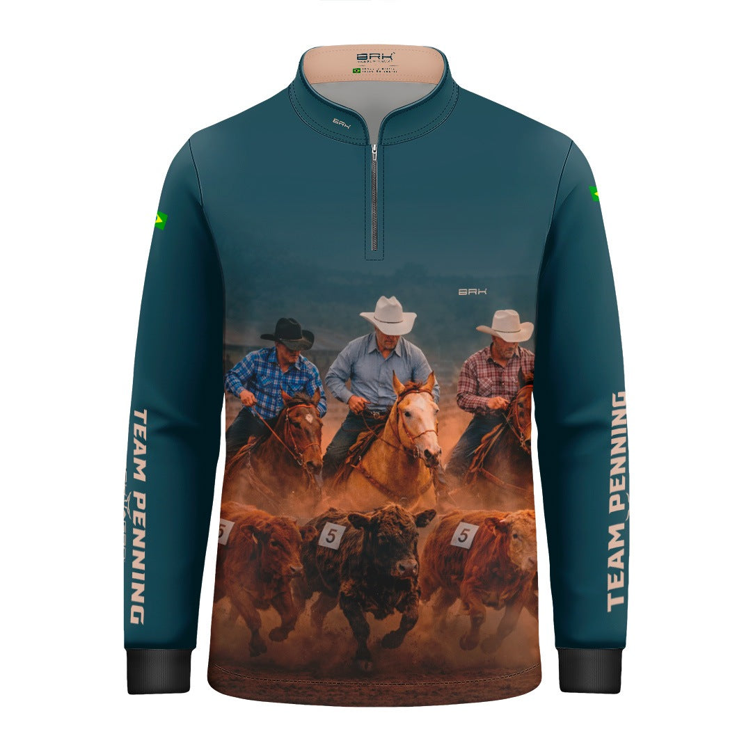 Camisa Agro Infantil BRK Team Penning Cowboy Verde Petróleo com Proteção Solar UV50+ Verde Petróleo
