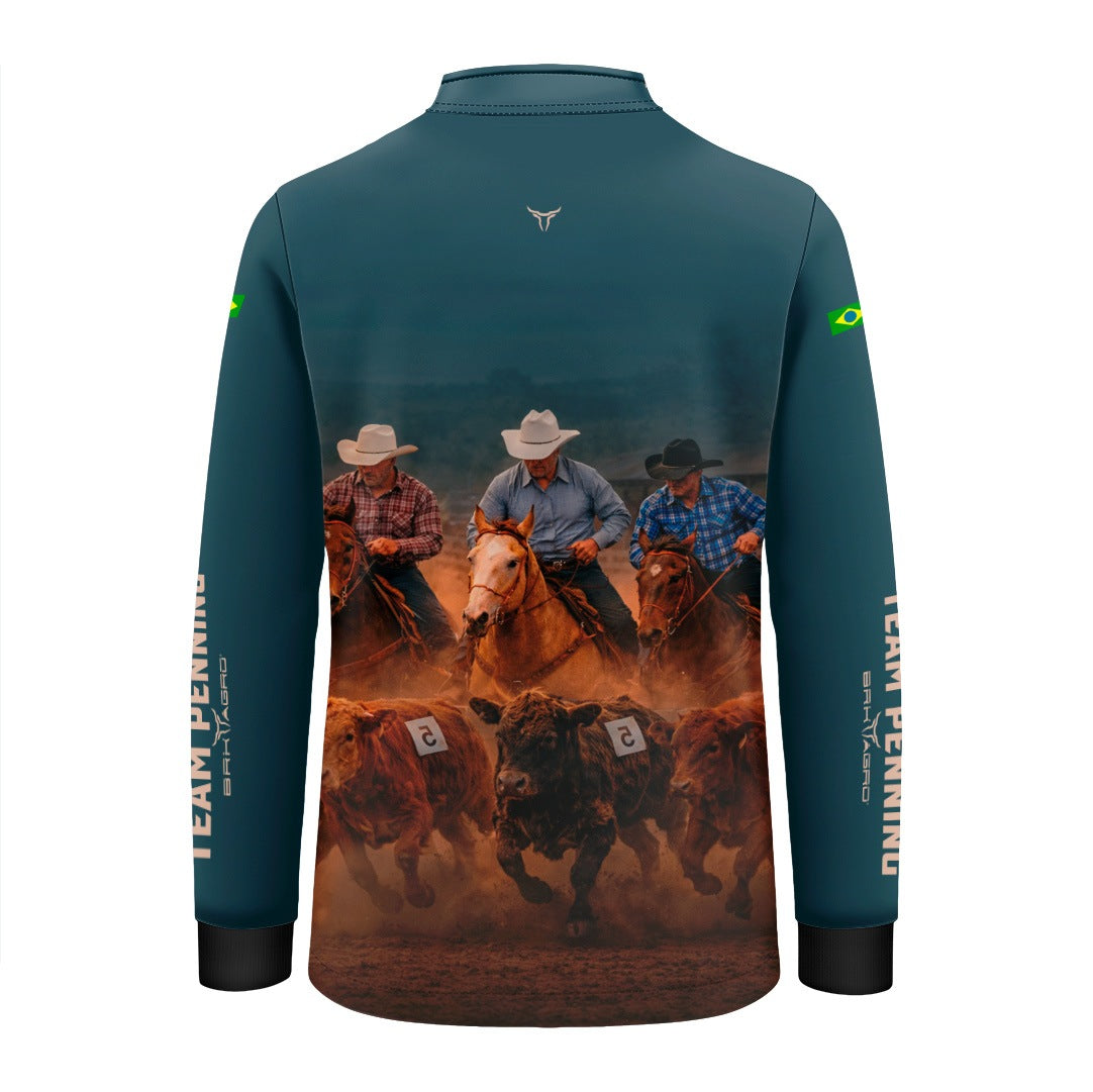 Camisa Agro Infantil BRK Team Penning Cowboy Verde Petróleo com Proteção Solar UV50+ Verde Petróleo