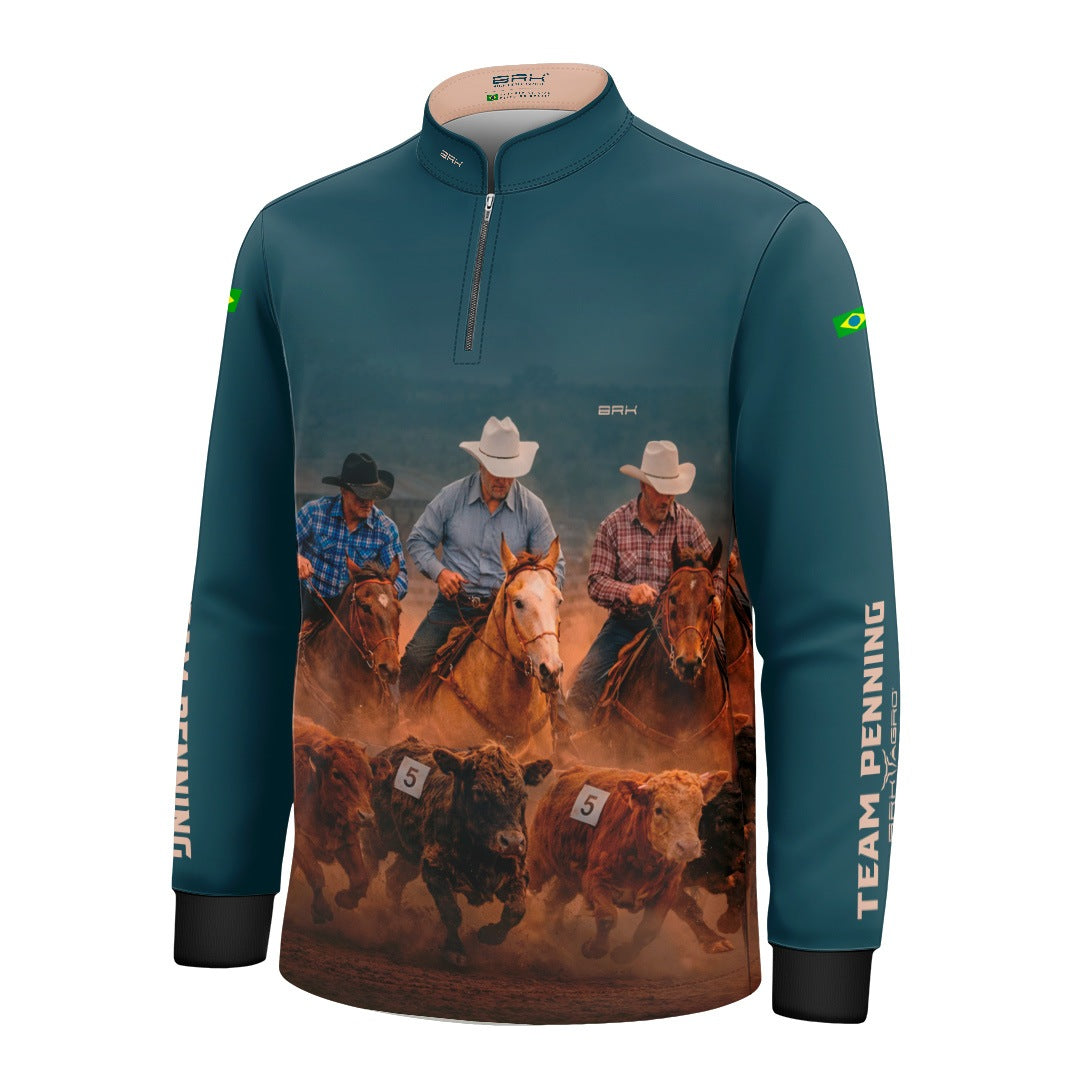 Camisa Agro Infantil BRK Team Penning Cowboy Verde Petróleo com Proteção Solar UV50+ Verde Petróleo
