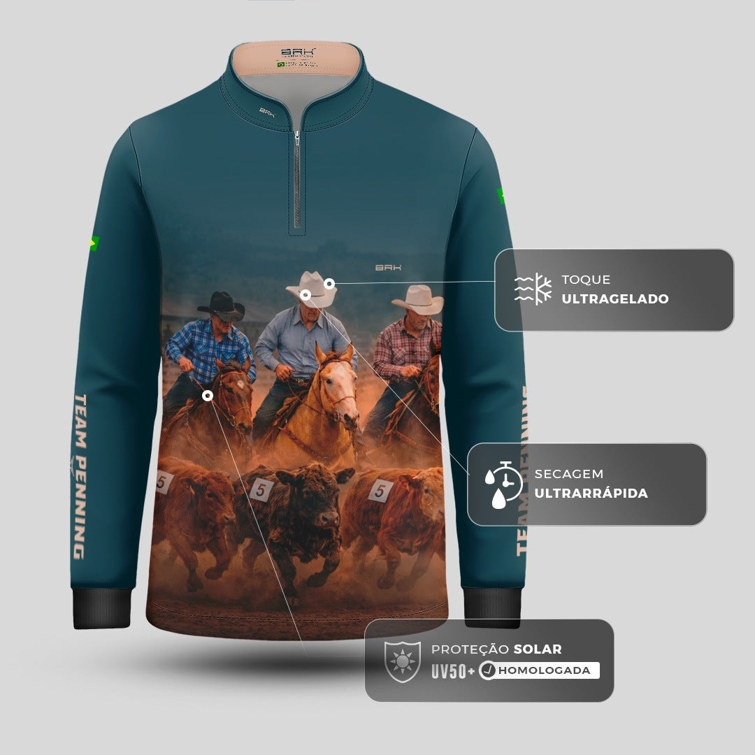 Camisa Agro Infantil BRK Team Penning Cowboy Verde Petróleo com Proteção Solar UV50+ Verde Petróleo