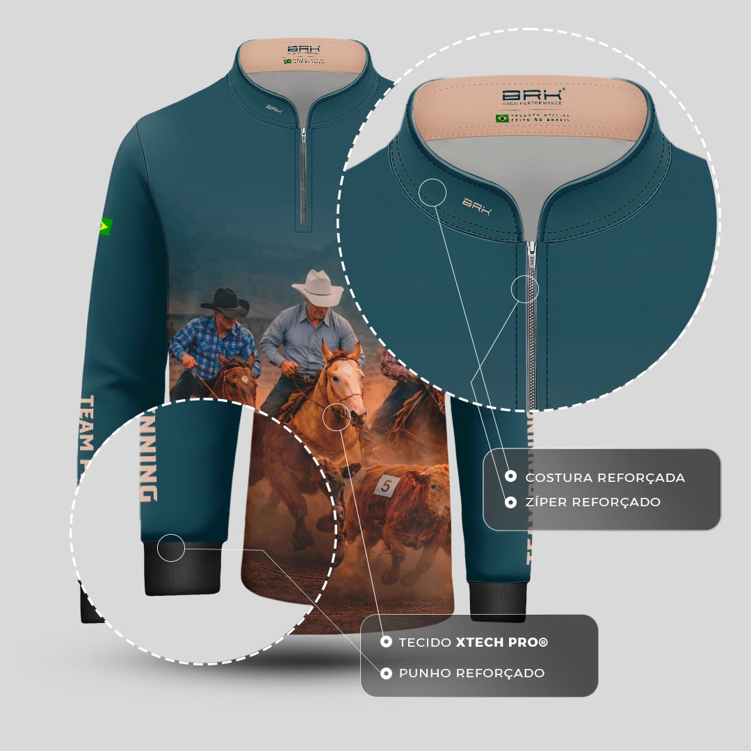 Camisa Agro Infantil BRK Team Penning Cowboy Verde Petróleo com Proteção Solar UV50+ Verde Petróleo