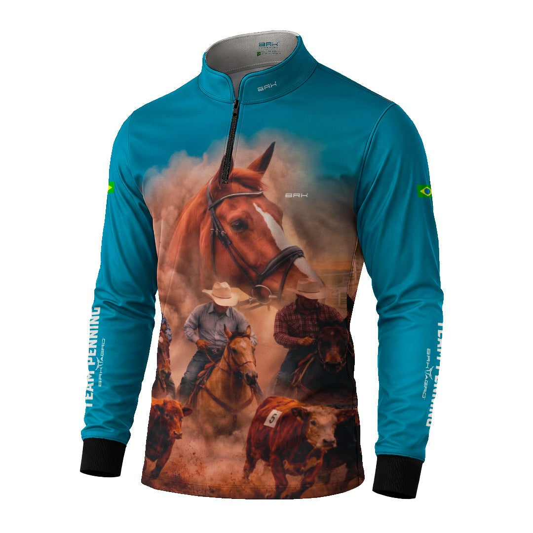 Camisa Agro BRK Team Penning Cowboy Cavalo com Proteção Solar UV50+ Verde Turquesa