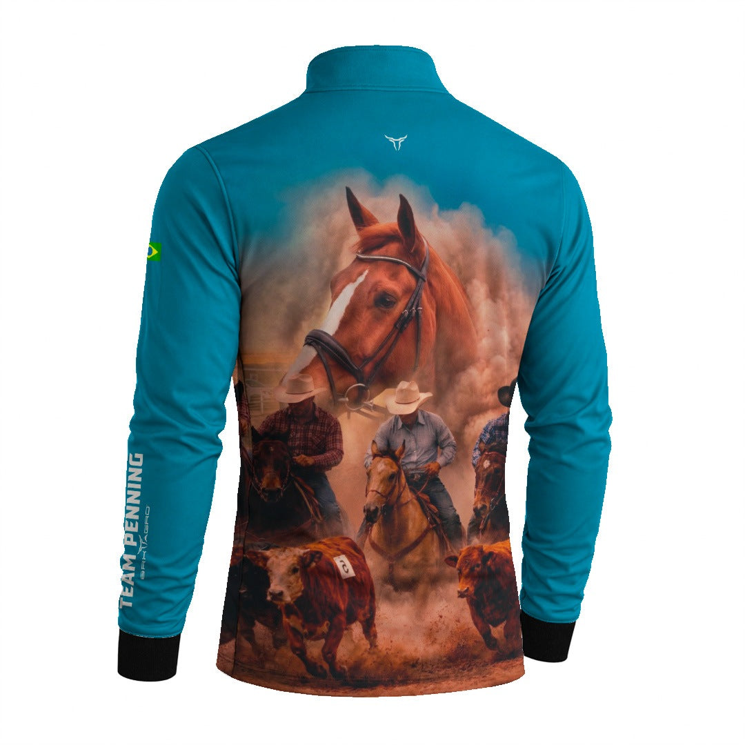 Camisa Agro BRK Team Penning Cowboy Cavalo com Proteção Solar UV50+ Verde Turquesa