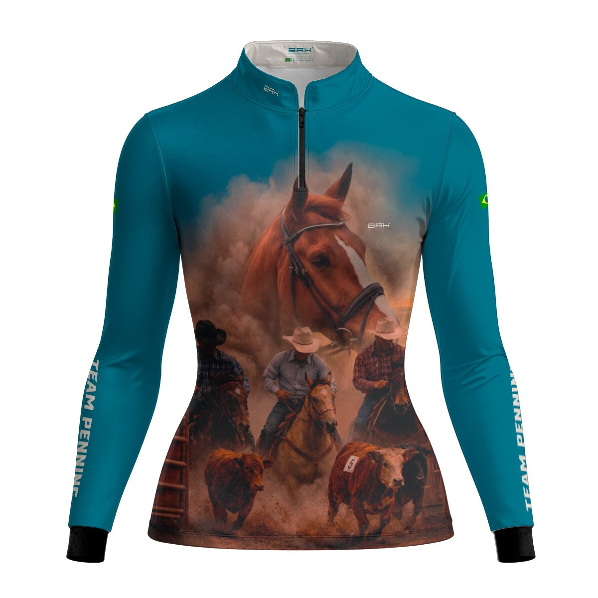 Camisa Agro Feminina BRK Team Penning Cowboy Cavalo com Proteção Solar UV50+ Verde Turquesa