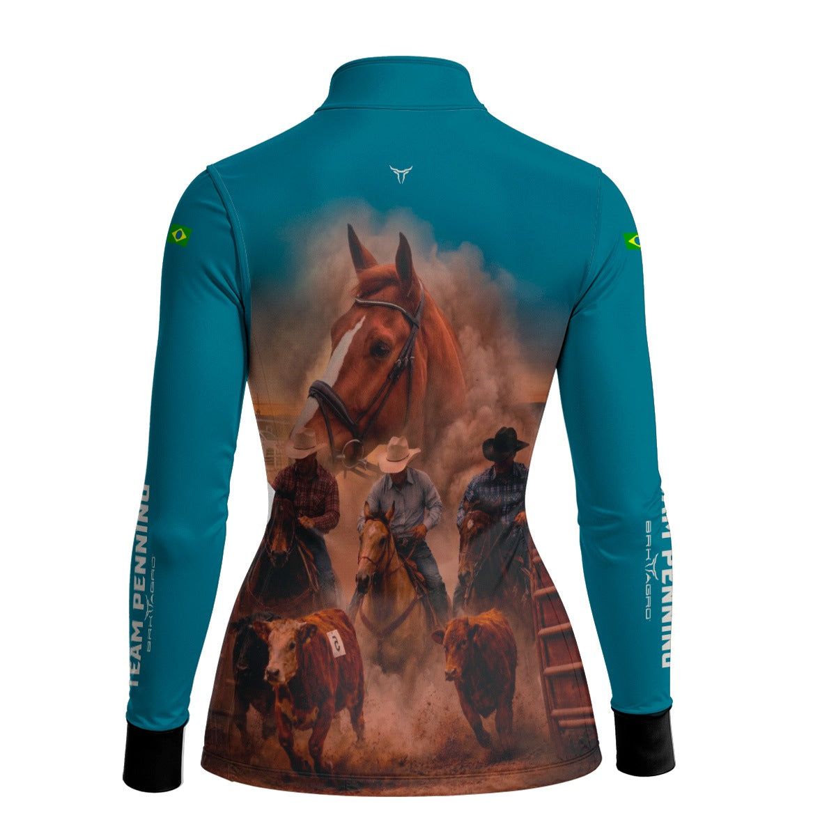 Camisa Agro Feminina BRK Team Penning Cowboy Cavalo com Proteção Solar UV50+ Verde Turquesa