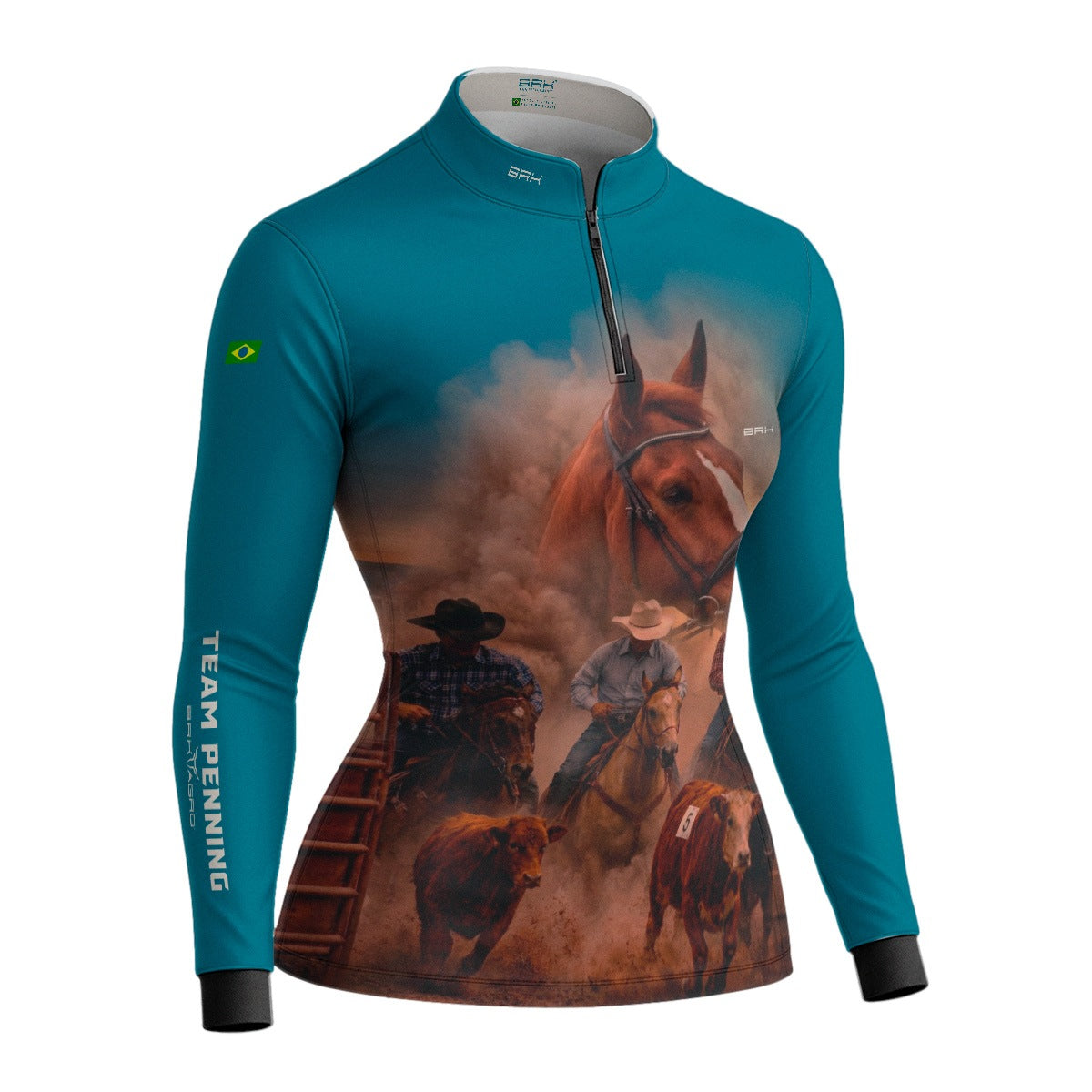 Camisa Agro Feminina BRK Team Penning Cowboy Cavalo com Proteção Solar UV50+ Verde Turquesa