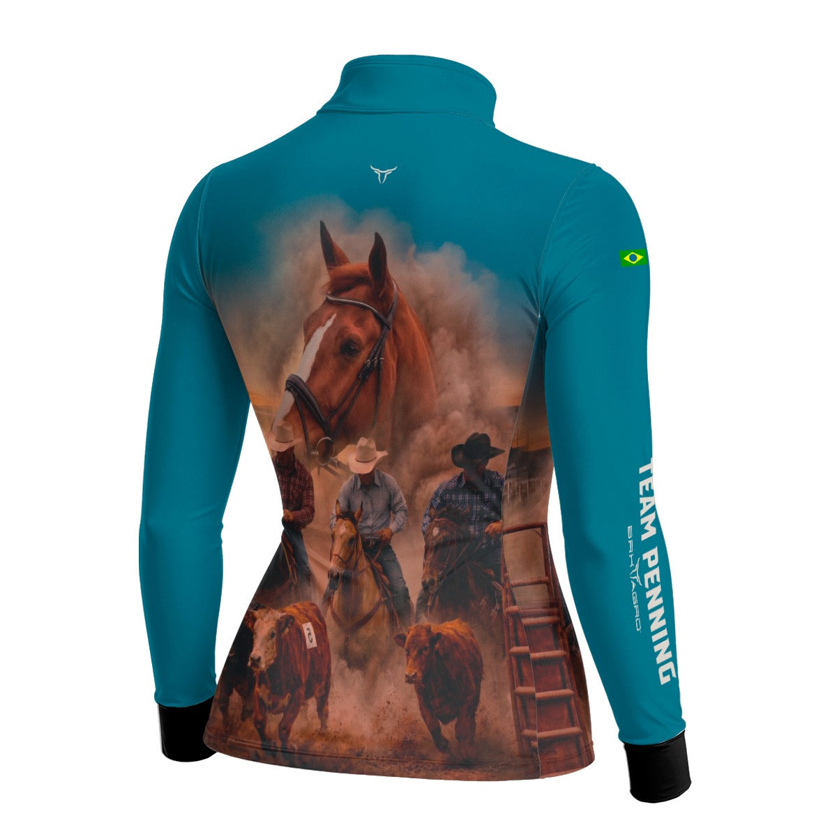 Camisa Agro Feminina BRK Team Penning Cowboy Cavalo com Proteção Solar UV50+ Verde Turquesa