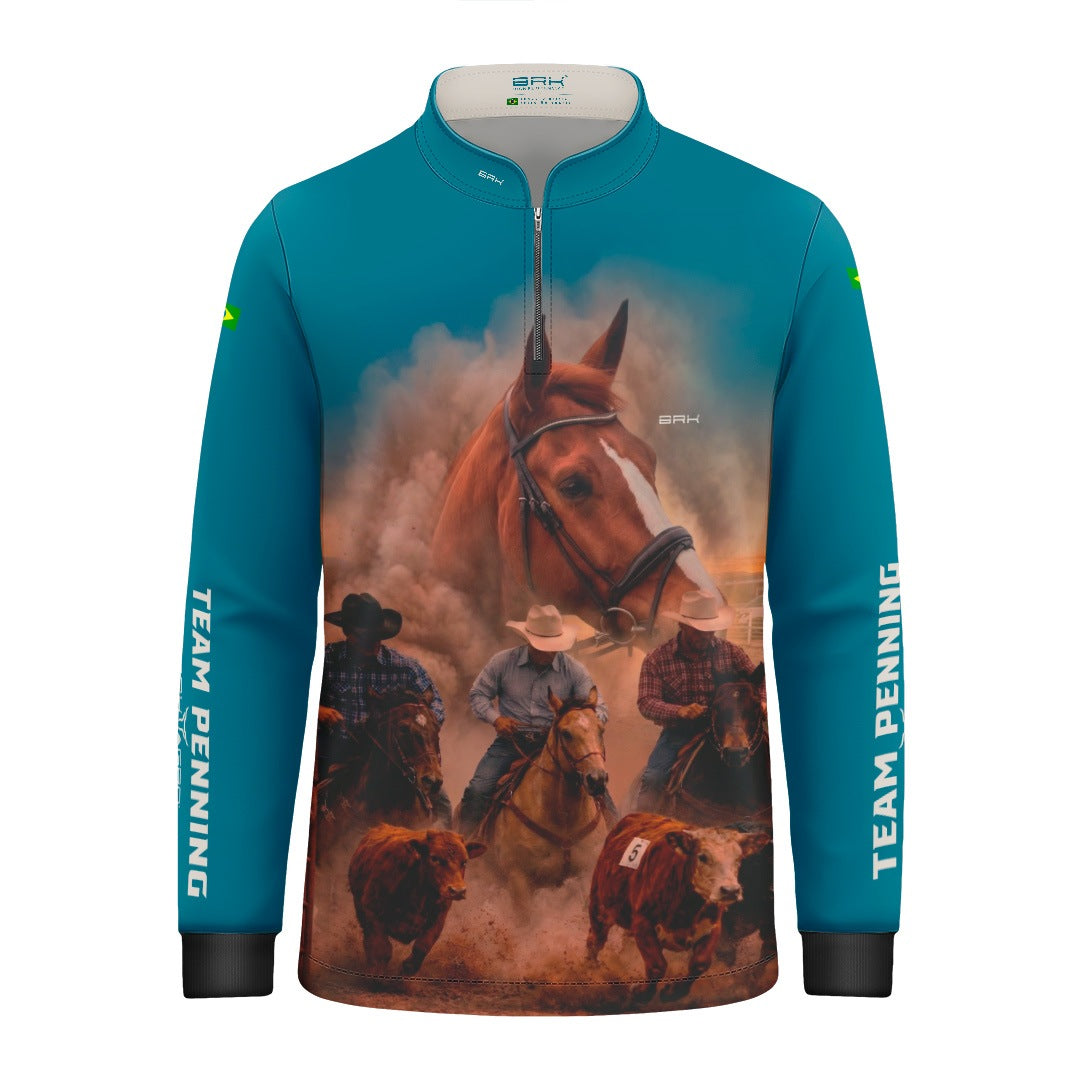 Camisa Agro Infantil  BRK Team Penning Cowboy Cavalo com Proteção Solar UV50+ Verde Turquesa