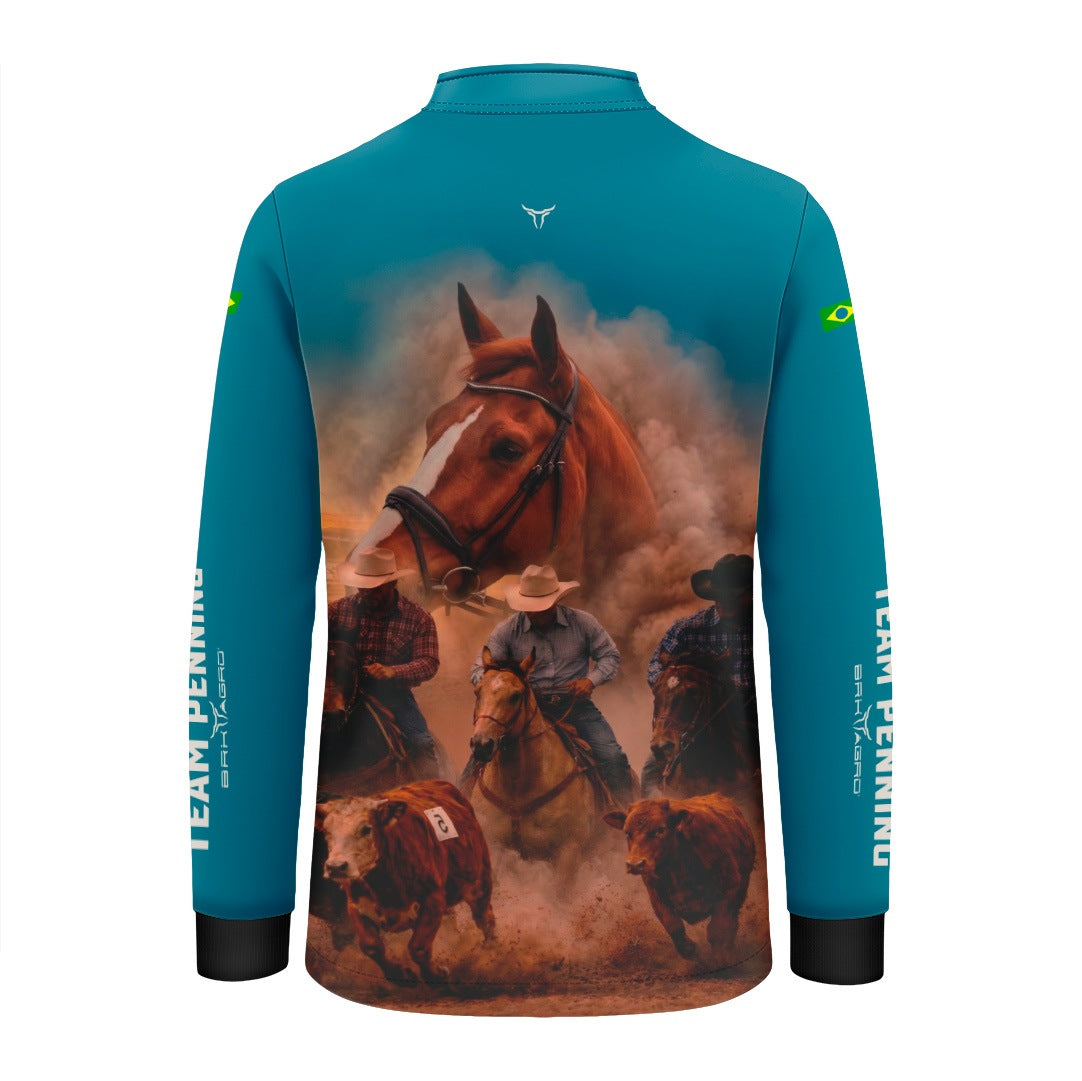 Camisa Agro Infantil  BRK Team Penning Cowboy Cavalo com Proteção Solar UV50+ Verde Turquesa
