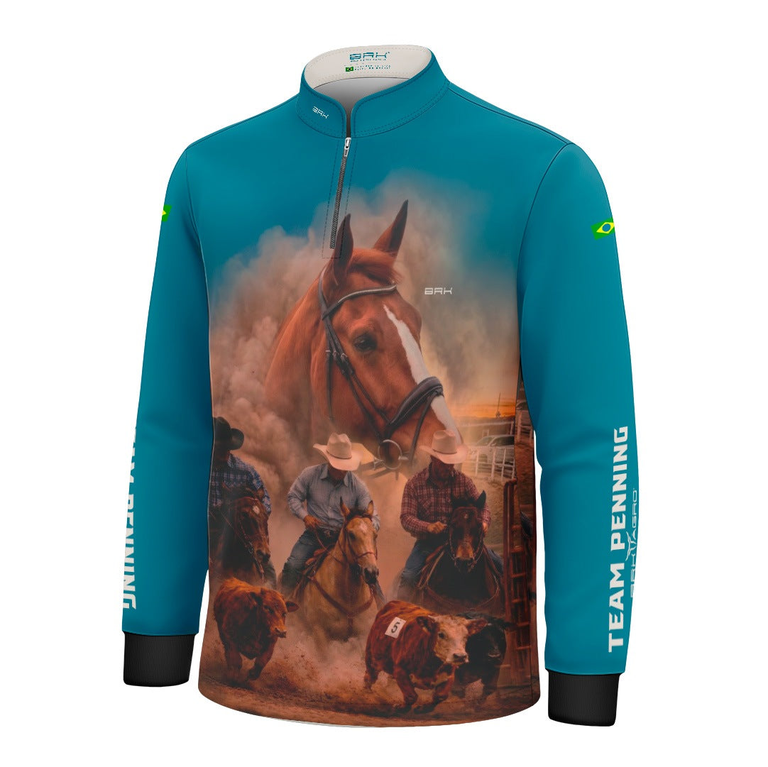 Camisa Agro Infantil  BRK Team Penning Cowboy Cavalo com Proteção Solar UV50+ Verde Turquesa