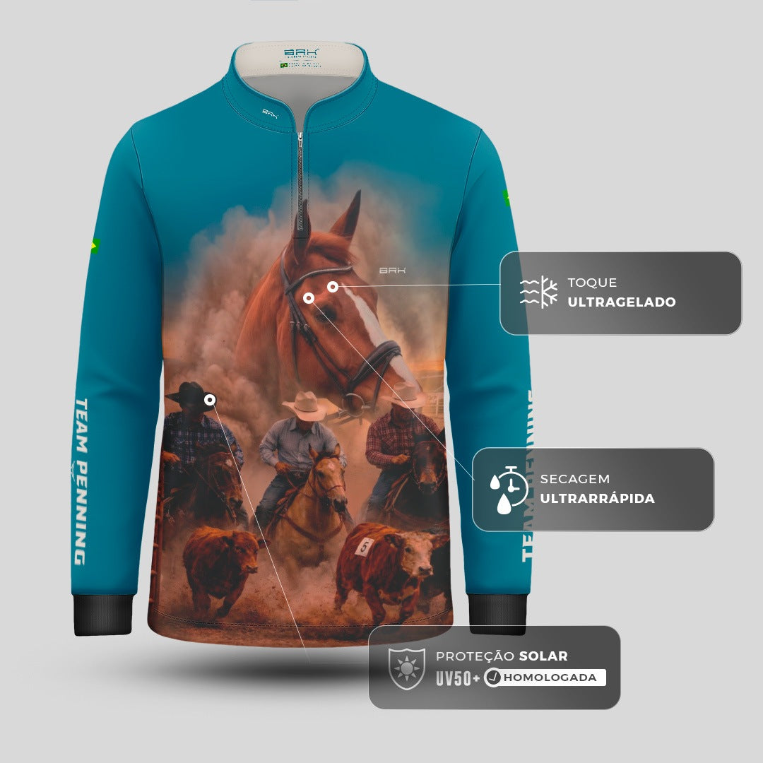 Camisa Agro Infantil  BRK Team Penning Cowboy Cavalo com Proteção Solar UV50+ Verde Turquesa