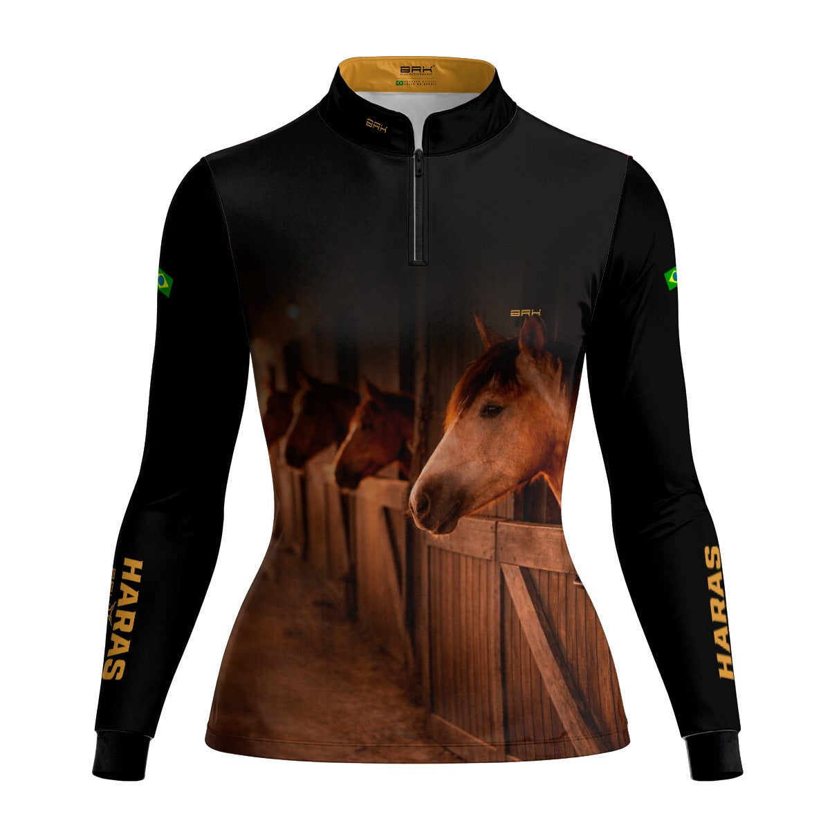 Camisa Agro Feminina BRK Cavalos Haras Estábulo com Proteção Solar UV50+ Preta