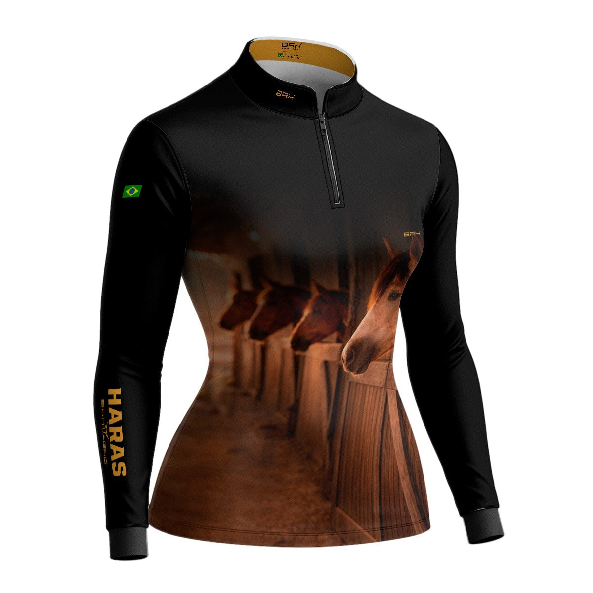 Camisa Agro Feminina BRK Cavalos Haras Estábulo com Proteção Solar UV50+ Preta