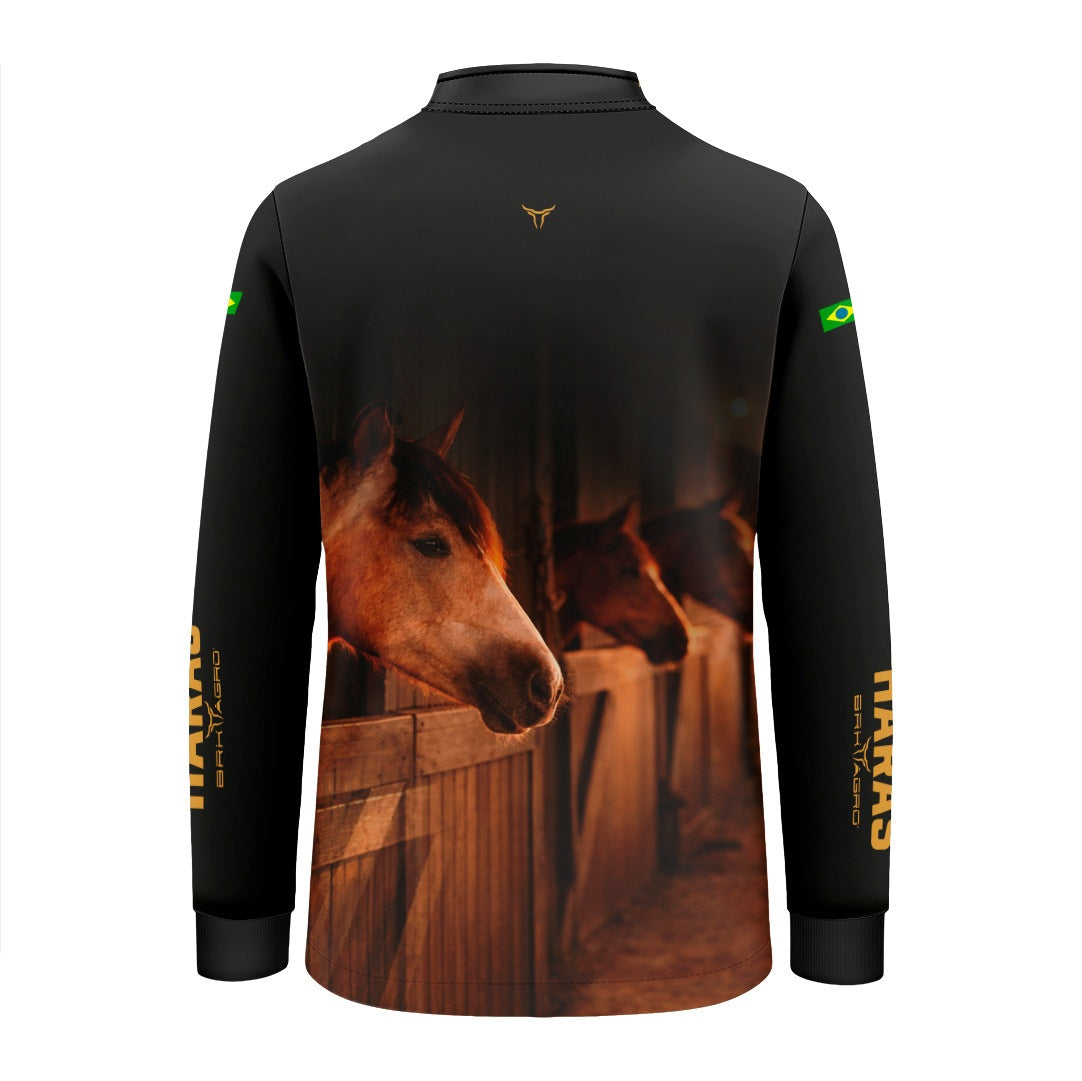 Camisa Agro Infantil BRK Cavalos Haras Estábulo com Proteção Solar UV50+ Preta