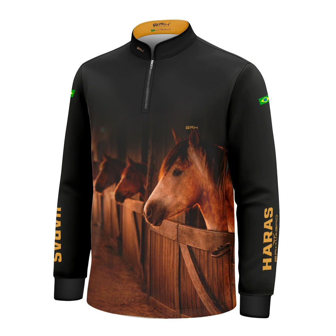 Camisa Agro Infantil BRK Cavalos Haras Estábulo com Proteção Solar UV50+ Preta