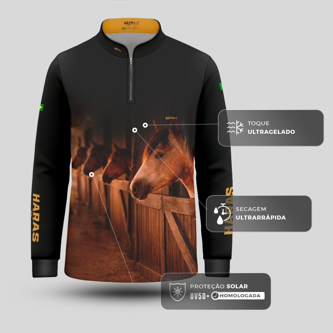 Camisa Agro Infantil BRK Cavalos Haras Estábulo com Proteção Solar UV50+ Preta