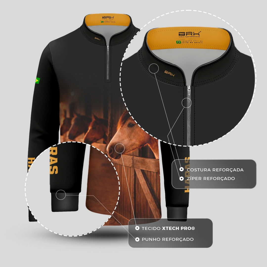 Camisa Agro Infantil BRK Cavalos Haras Estábulo com Proteção Solar UV50+ Preta