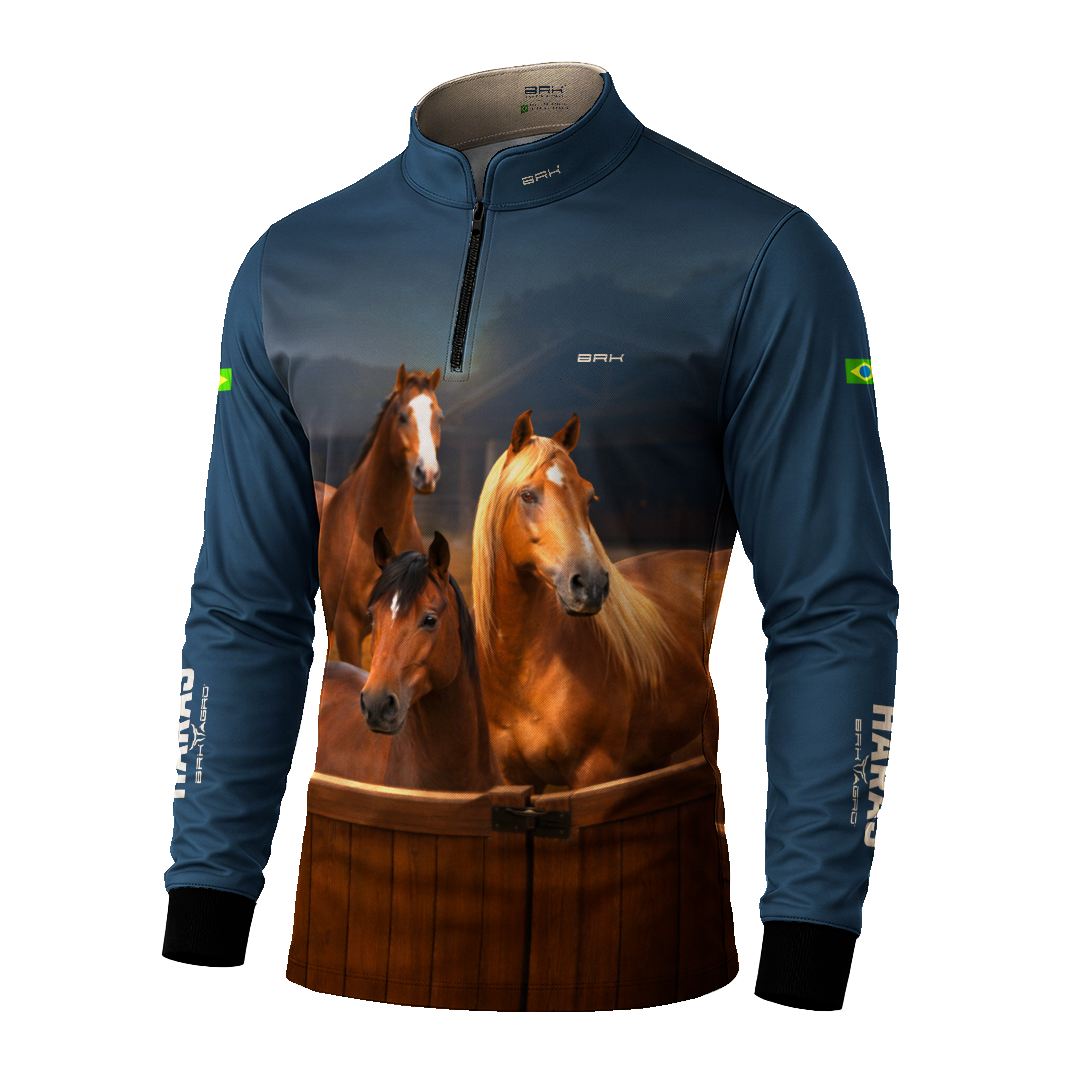 Camisa Agro BRK Cavalos Haras Fazenda com Proteção Solar UV50+ Azul Marinho