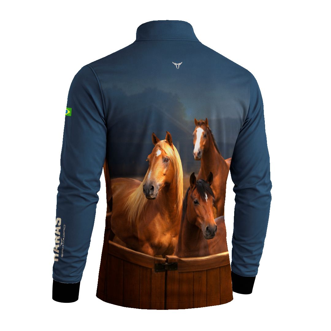 Camisa Agro BRK Cavalos Haras Fazenda com Proteção Solar UV50+ Azul Marinho
