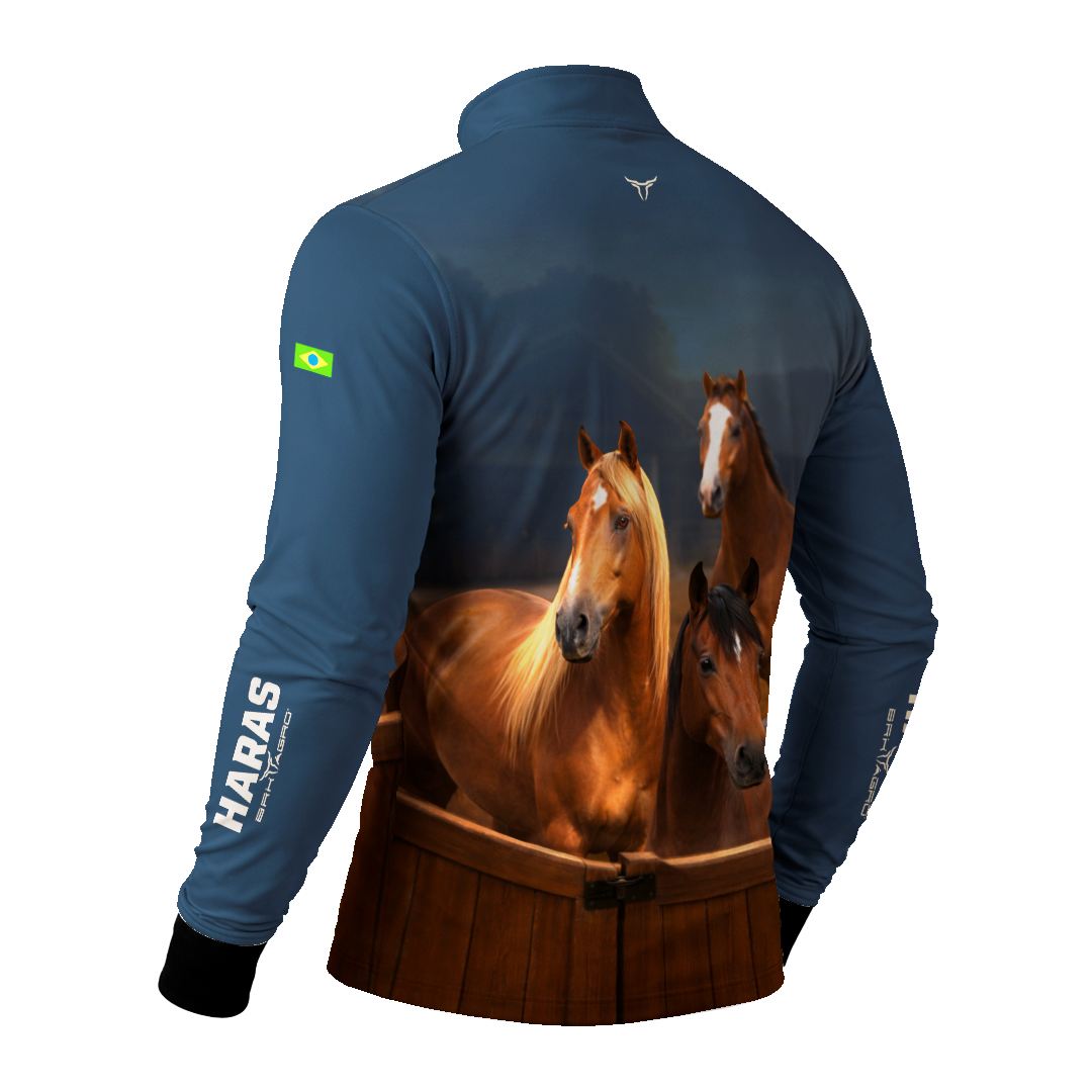 Camisa Agro BRK Cavalos Haras Fazenda com Proteção Solar UV50+ Azul Marinho