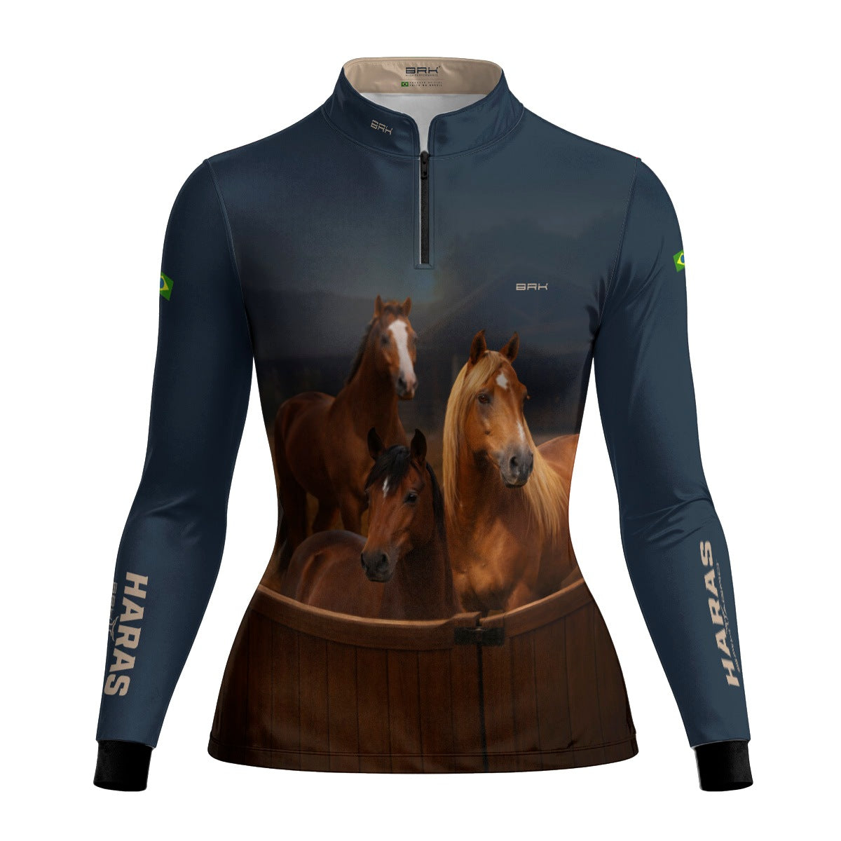 Camisa Agro Feminina BRK Cavalos Haras Fazenda com Proteção Solar UV50+ Azul Marinho