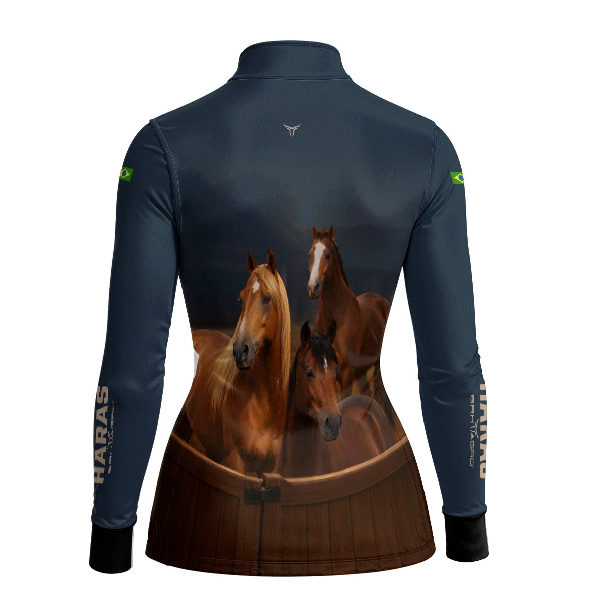 Camisa Agro Feminina BRK Cavalos Haras Fazenda com Proteção Solar UV50+ Azul Marinho
